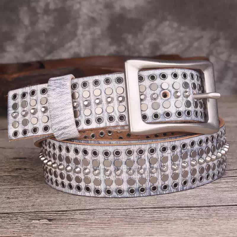 Rock Five Row Silver Studded Rivets Leather Belt - Image 3