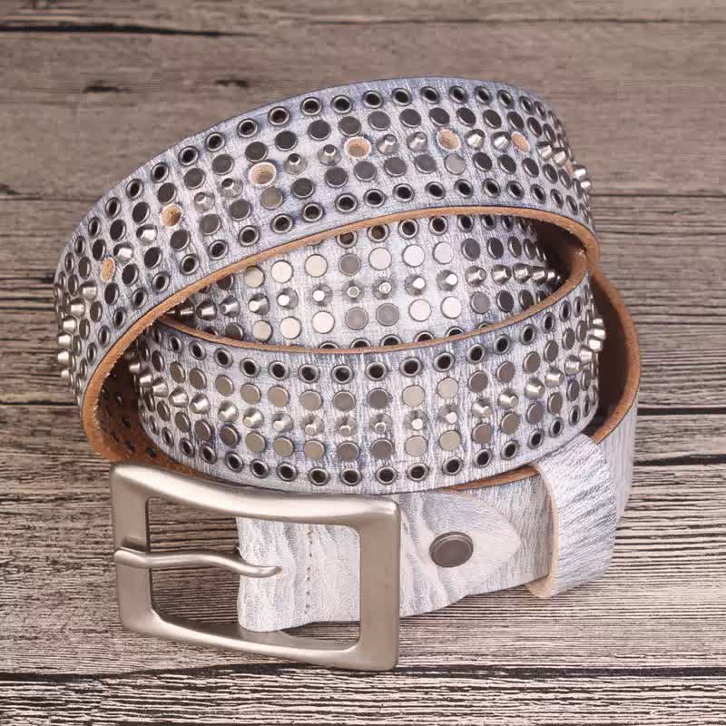 Rock Five Row Silver Studded Rivets Leather Belt - Image 4