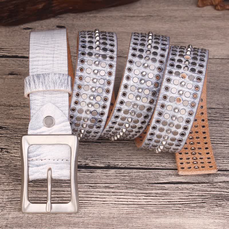 Rock Five Row Silver Studded Rivets Leather Belt - Image 5