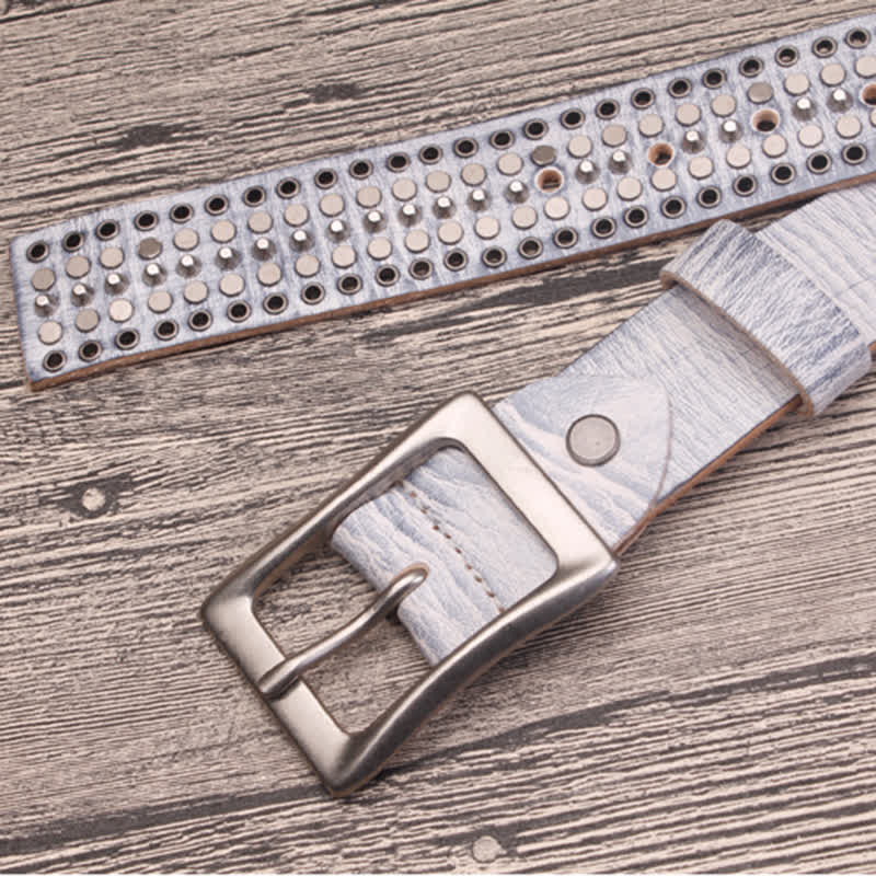 Rock Five Row Silver Studded Rivets Leather Belt - Image 6