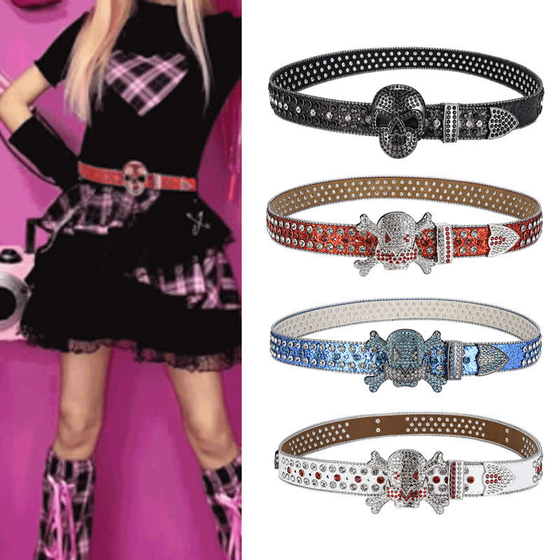Rock Skull Rhinestone Beaded Decor Leather Belt - Image 2