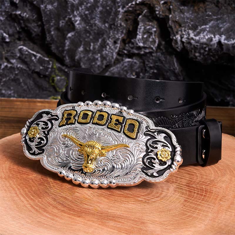 Rodeo Silver & Gold DIY Bull Head Large Buckle Leather Belt - Image 4