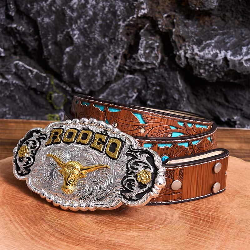 Rodeo Silver & Gold DIY Bull Head Large Buckle Leather Belt - Image 5