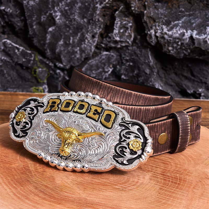 Rodeo Silver & Gold DIY Bull Head Large Buckle Leather Belt - Image 7