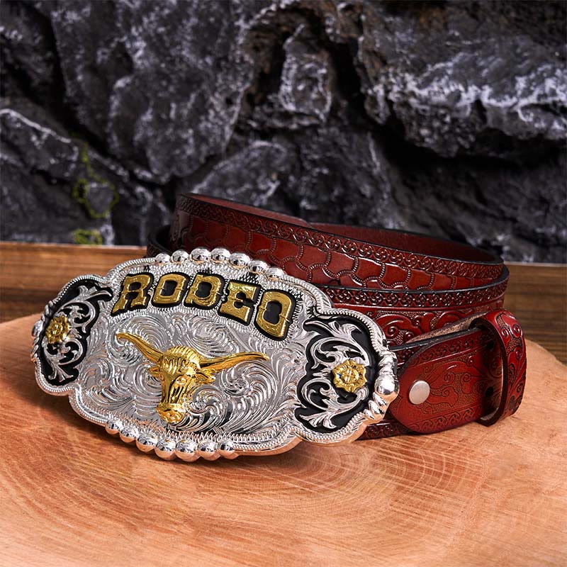 Rodeo Silver & Gold DIY Bull Head Large Buckle Leather Belt - Image 8