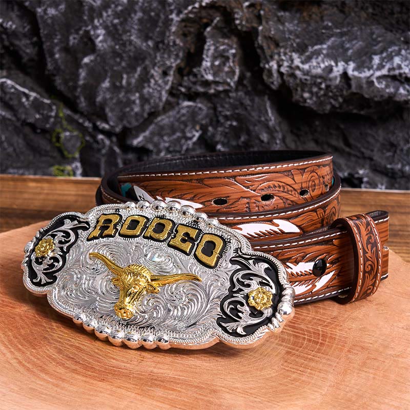 Rodeo Silver & Gold DIY Bull Head Large Buckle Leather Belt - Image 9
