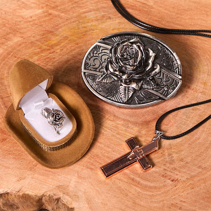 Rose Theme DIY Hidden Knife Belt Buckle Cross Pendant Rose Ring Bundle Set - Image 2