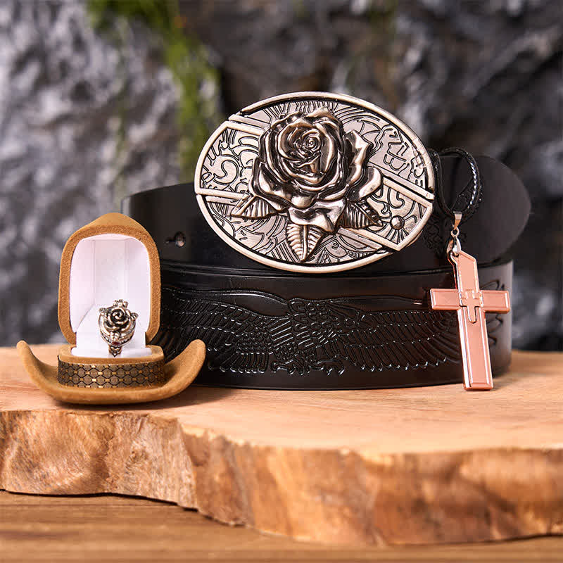 Rose Theme DIY Hidden Knife Belt Buckle Cross Pendant Rose Ring Bundle Set - Image 4