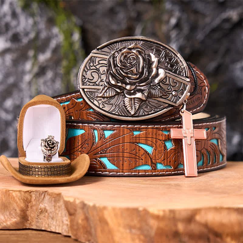 Rose Theme DIY Hidden Knife Belt Buckle Cross Pendant Rose Ring Bundle Set - Image 5