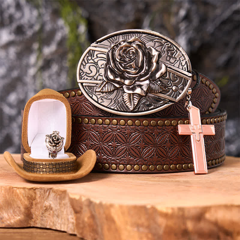 Rose Theme DIY Hidden Knife Belt Buckle Cross Pendant Rose Ring Bundle Set - Image 6