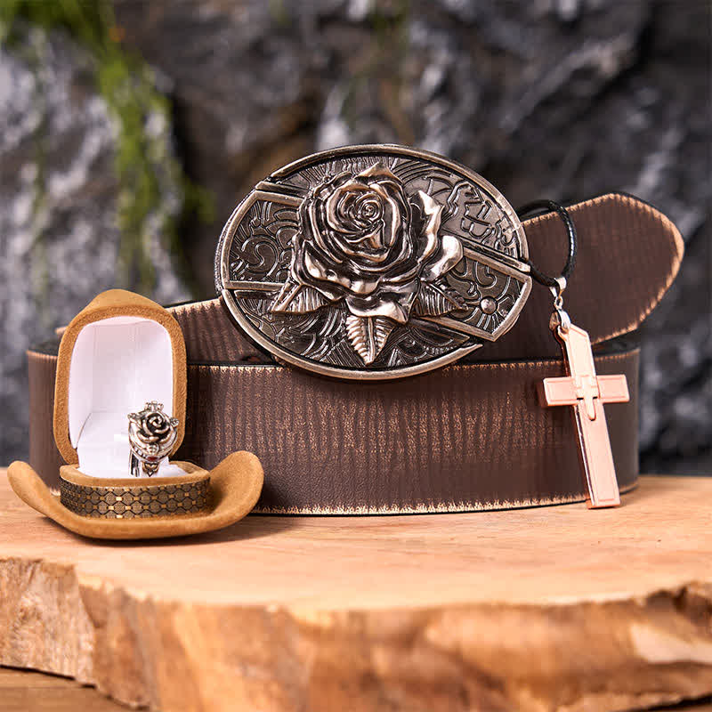 Rose Theme DIY Hidden Knife Belt Buckle Cross Pendant Rose Ring Bundle Set - Image 7