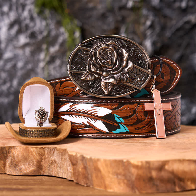 Rose Theme DIY Hidden Knife Belt Buckle Cross Pendant Rose Ring Bundle Set - Image 8