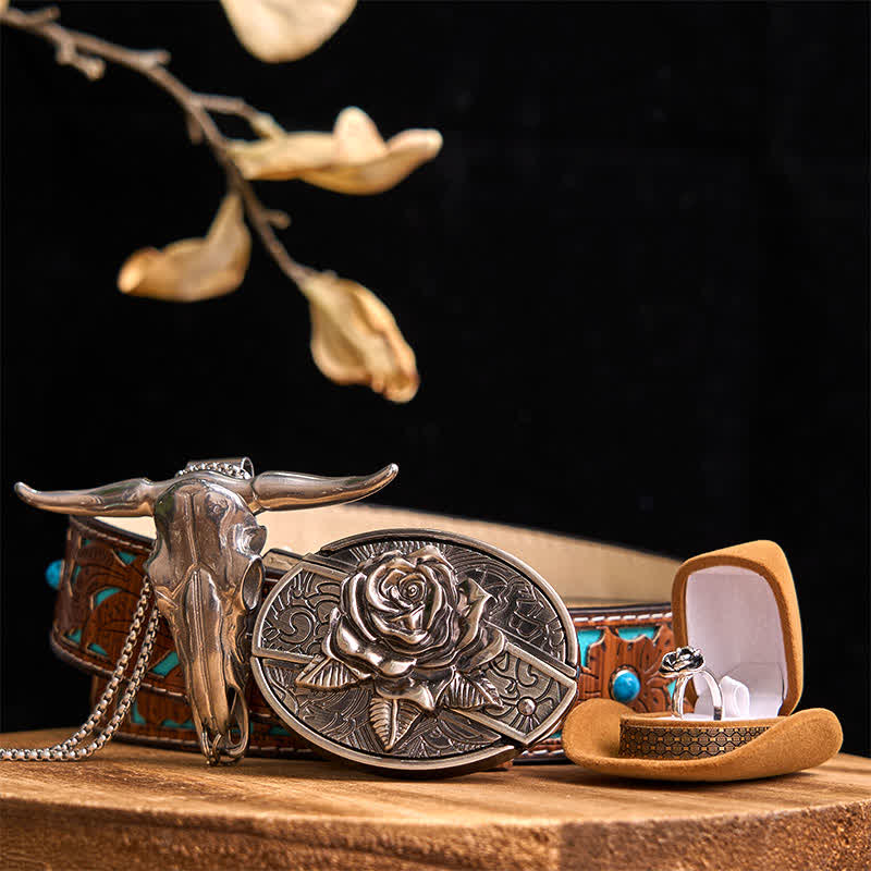 Rose Theme DIY Hidden Knife Belt Buckle Longhorn Bull Pendant Bundle Set - Image 6