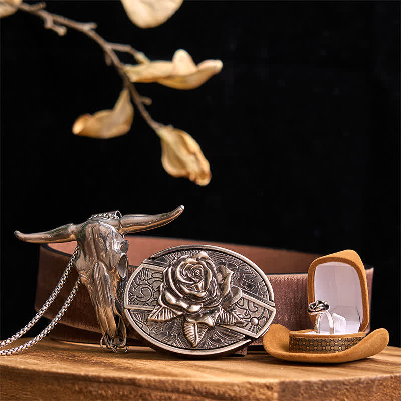 Rose Theme DIY Hidden Knife Belt Buckle Longhorn Bull Pendant Bundle Set - Image 8
