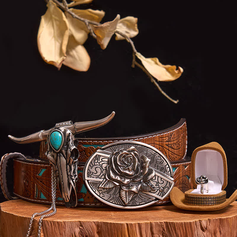 Rose Theme DIY Hidden Knife Belt Buckle Turquoise Bull Pendant Bundle Set - Image 7