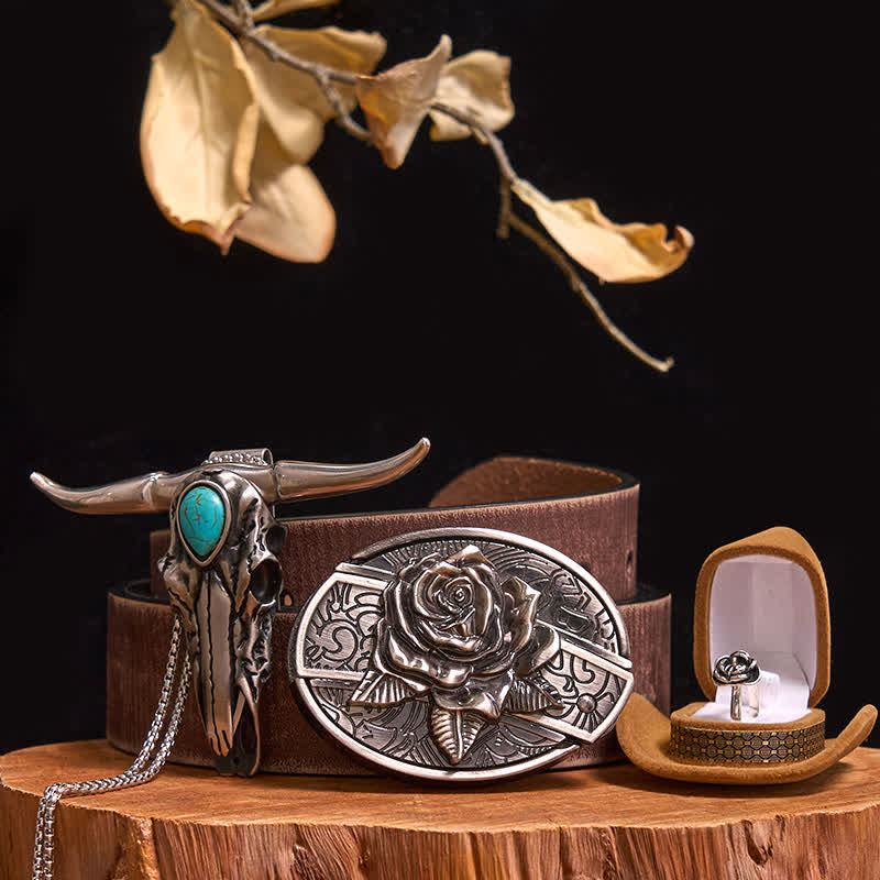Rose Theme DIY Hidden Knife Belt Buckle Turquoise Bull Pendant Bundle Set - Image 9