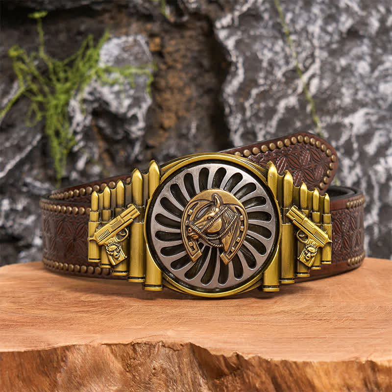 Rotating Bronze Horseshoe DIY Gun & Bullet Pattern Buckle Leather Belt - Image 5