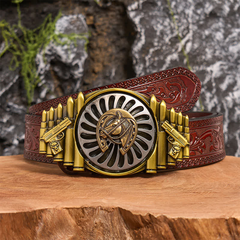 Rotating Bronze Horseshoe DIY Gun & Bullet Pattern Buckle Leather Belt - Image 7