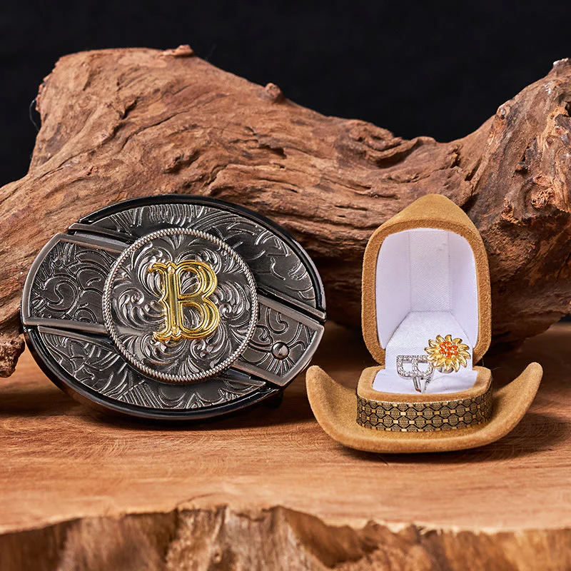 Rotating Sunflower Ring Initial Letter DIY Hidden Knife Belt Buckle Bundle Set
