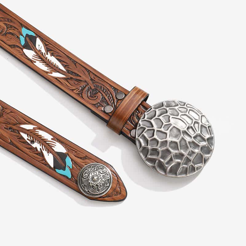 Round Floral Rivets Rivets Feather Pattern Leather Belt - Image 2