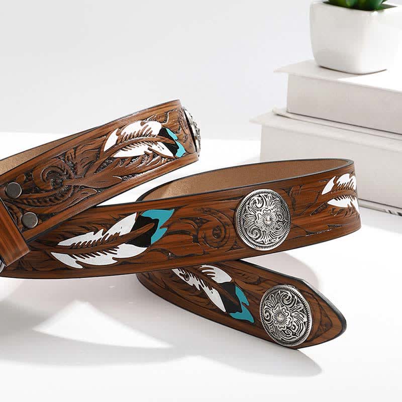 Round Floral Rivets Rivets Feather Pattern Leather Belt - Image 3