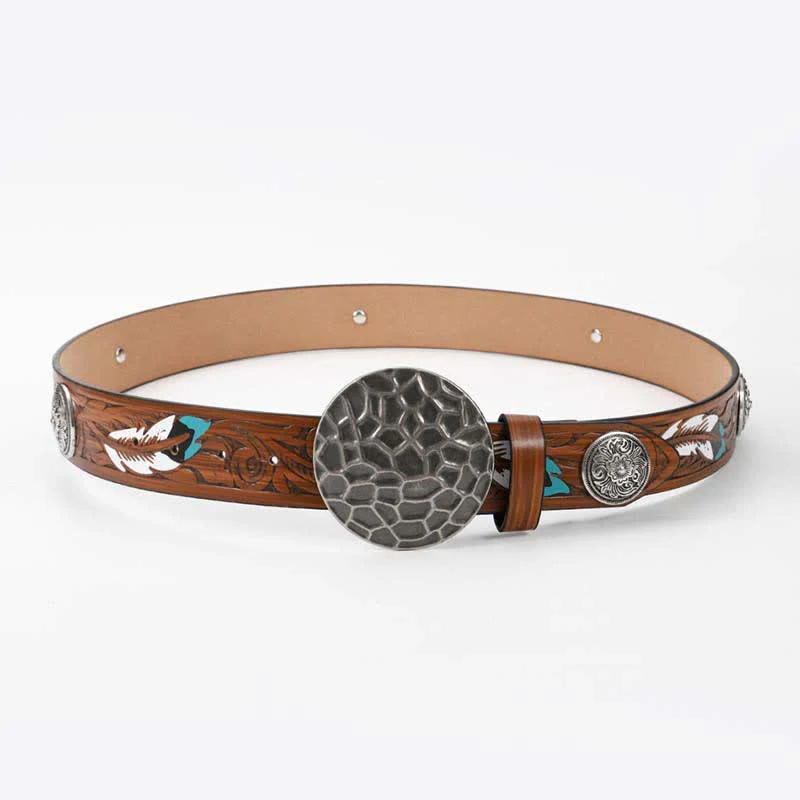 Round Floral Rivets Rivets Feather Pattern Leather Belt - Image 4