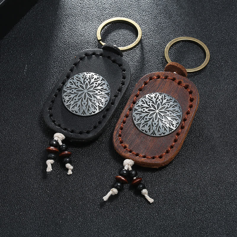 Round Flower Pendant Double Layer Leather Keychain - Image 2