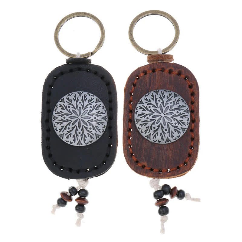 Round Flower Pendant Double Layer Leather Keychain - Image 4