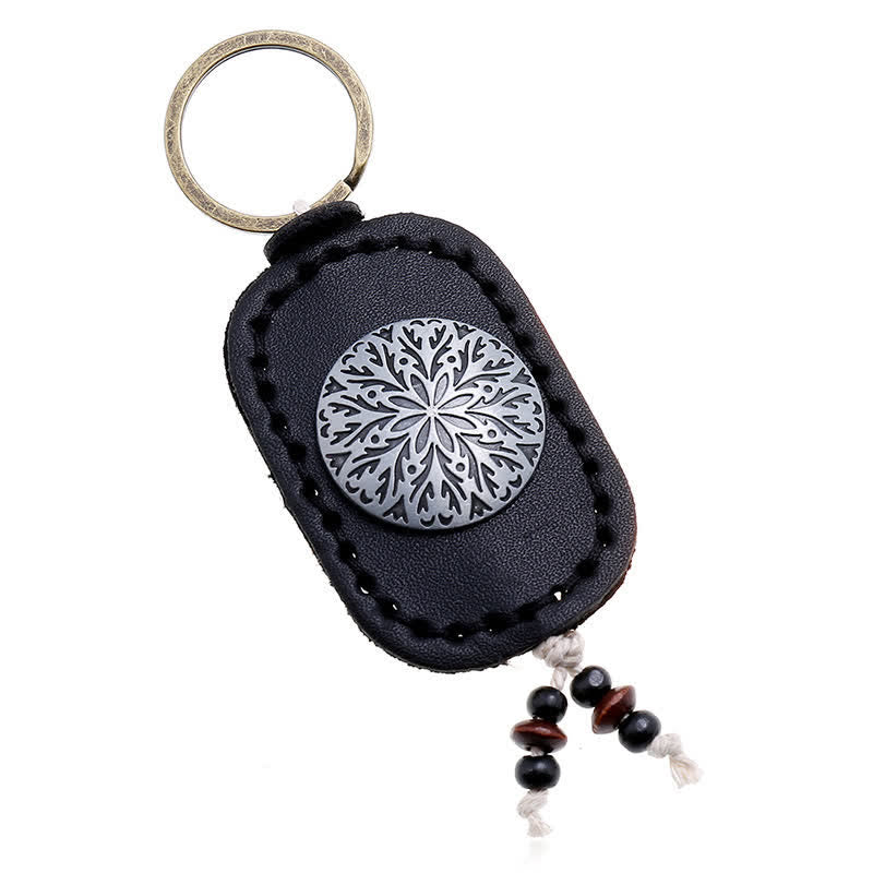 Round Flower Pendant Double Layer Leather Keychain - Image 5