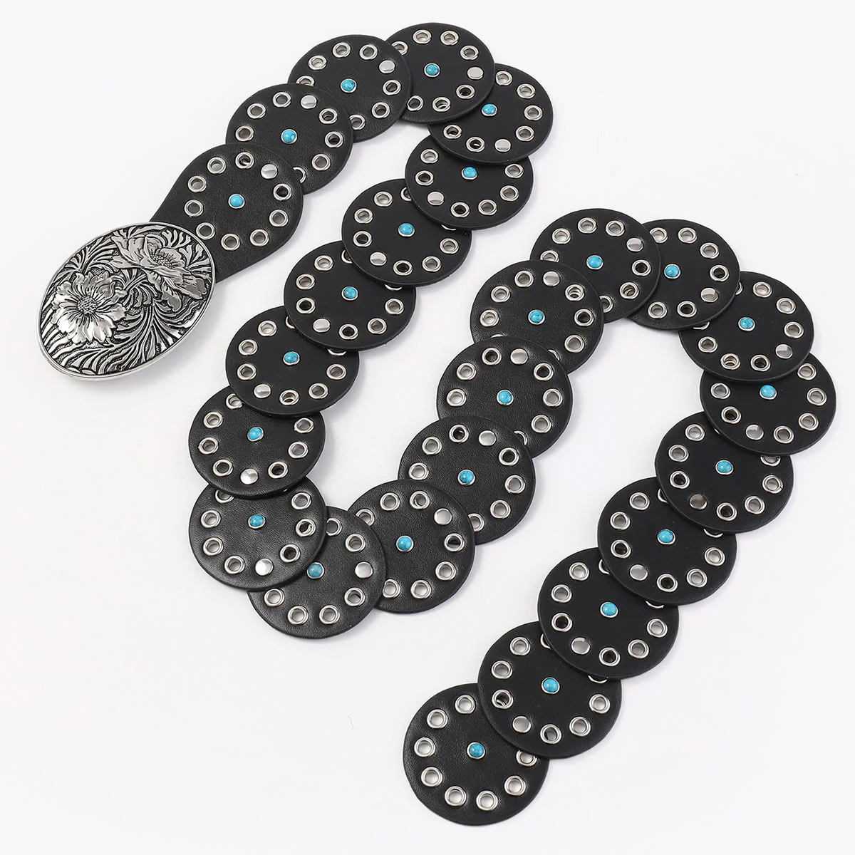 Round Hollowed Out Blue Diamond Inlaid Women's Leather Belt - Image 5