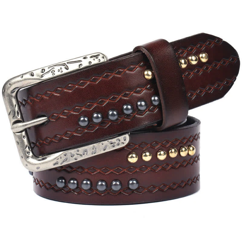 Round Rivet Fancy Stitch Embossed Pattern Leather Belt - Image 11