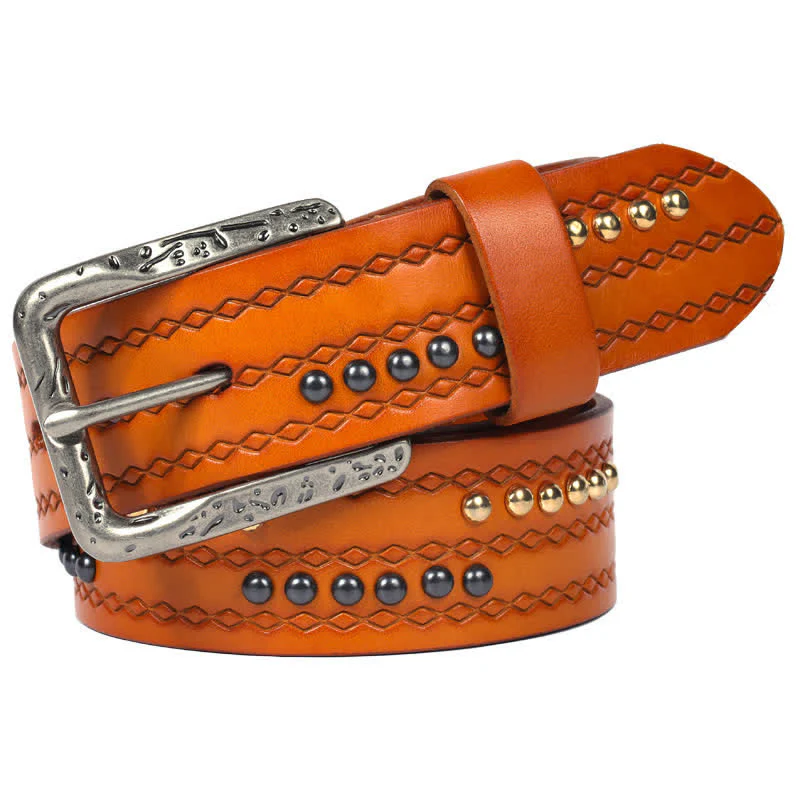 Round Rivet Fancy Stitch Embossed Pattern Leather Belt - Image 15
