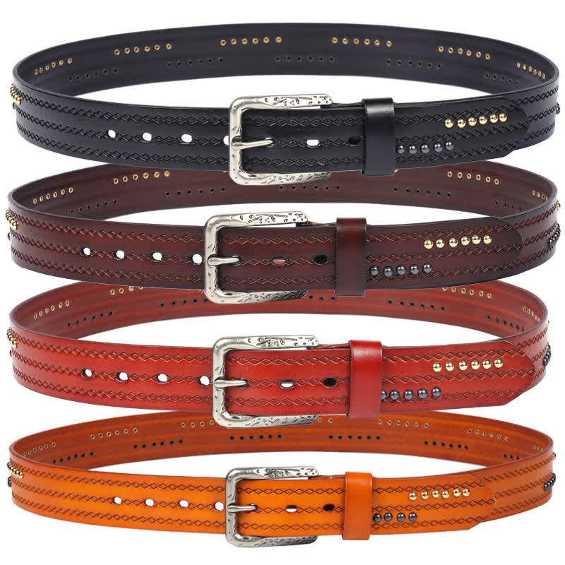 Round Rivet Fancy Stitch Embossed Pattern Leather Belt - Image 2
