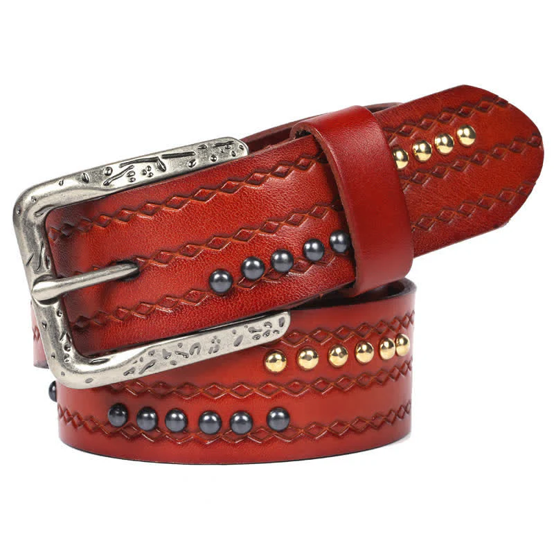 Round Rivet Fancy Stitch Embossed Pattern Leather Belt - Image 3