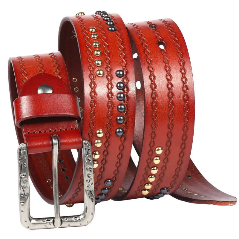 Round Rivet Fancy Stitch Embossed Pattern Leather Belt - Image 4