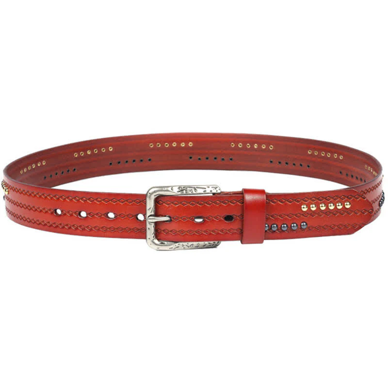 Round Rivet Fancy Stitch Embossed Pattern Leather Belt - Image 5