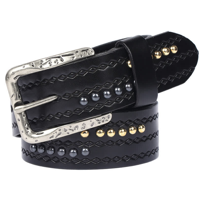 Round Rivet Fancy Stitch Embossed Pattern Leather Belt - Image 6