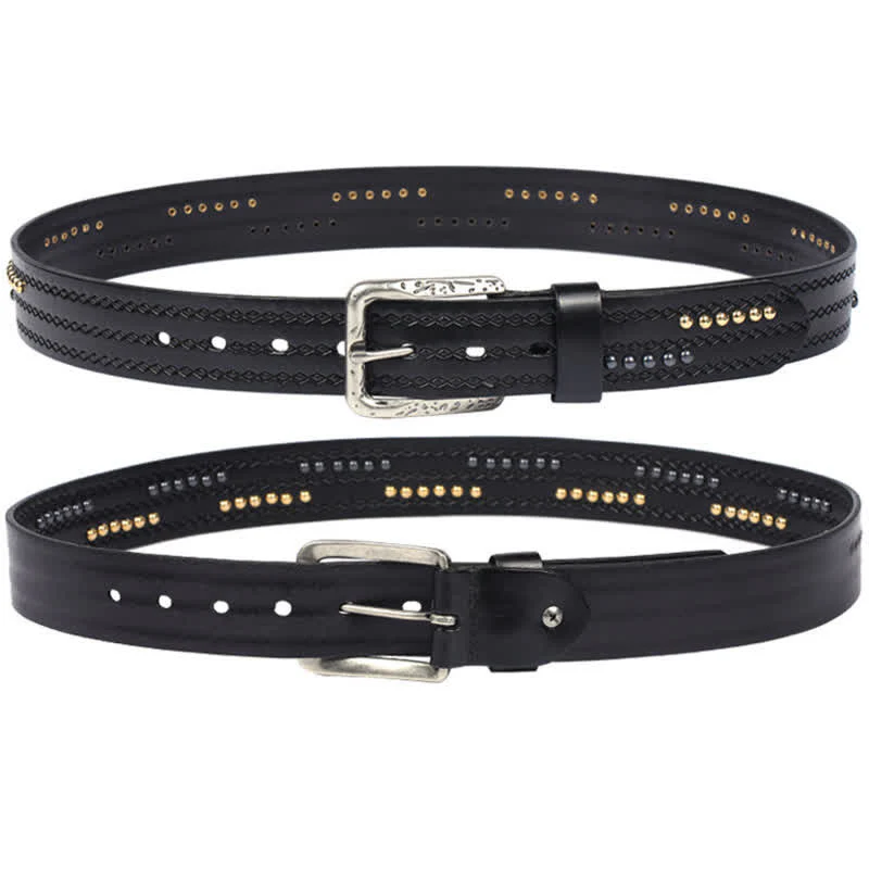 Round Rivet Fancy Stitch Embossed Pattern Leather Belt - Image 8