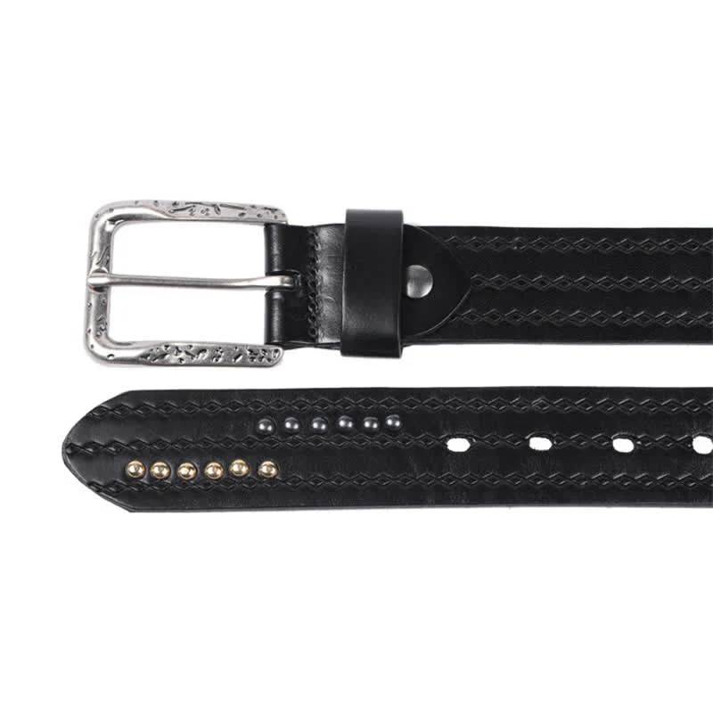 Round Rivet Fancy Stitch Embossed Pattern Leather Belt - Image 9