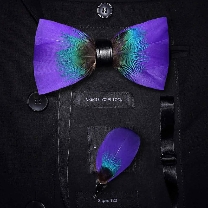 Royalty Purple & Teal Feather Bow Tie with Lapel Pin