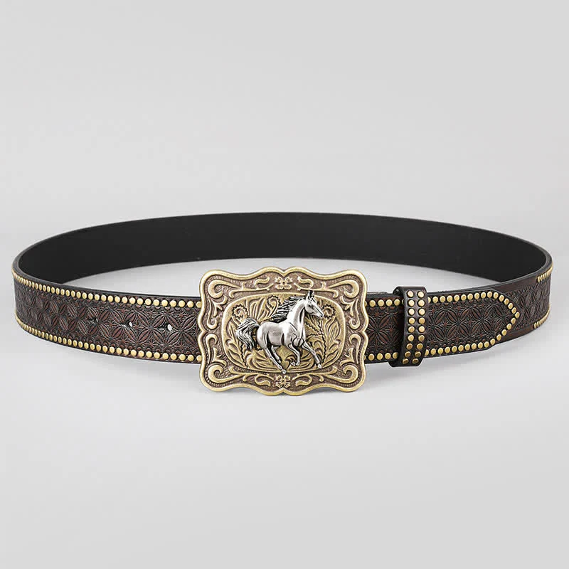 Running Horse Rivet Stubbed Dark Brown Leather Belt - Image 3