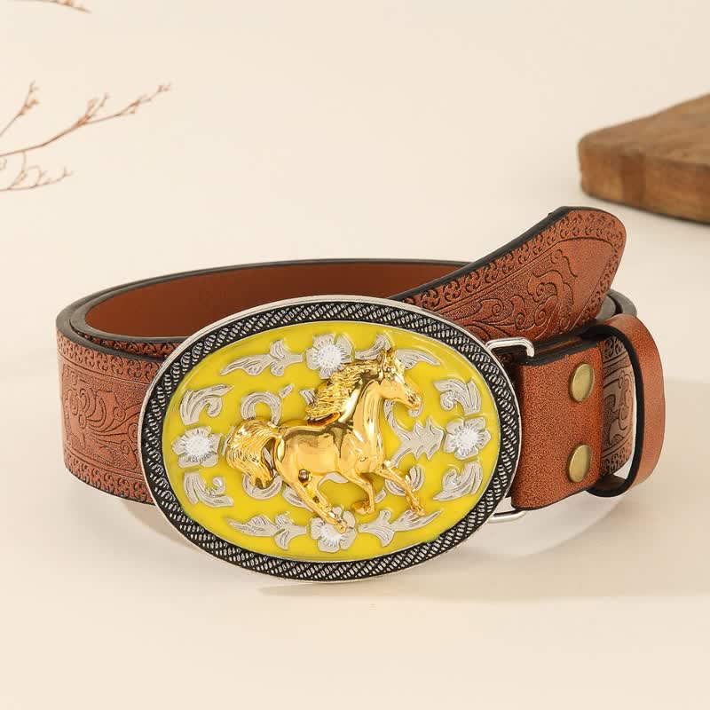 Running Horse Yellow Colored Buckle Embossed Leather Belt