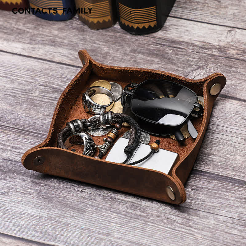 Rustic Genuine Leather Custom Name Foldable Valet Tray