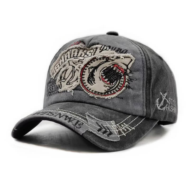 Shark Embroidered Retro Frayed Edge Washed Baseball Cap - Image 4