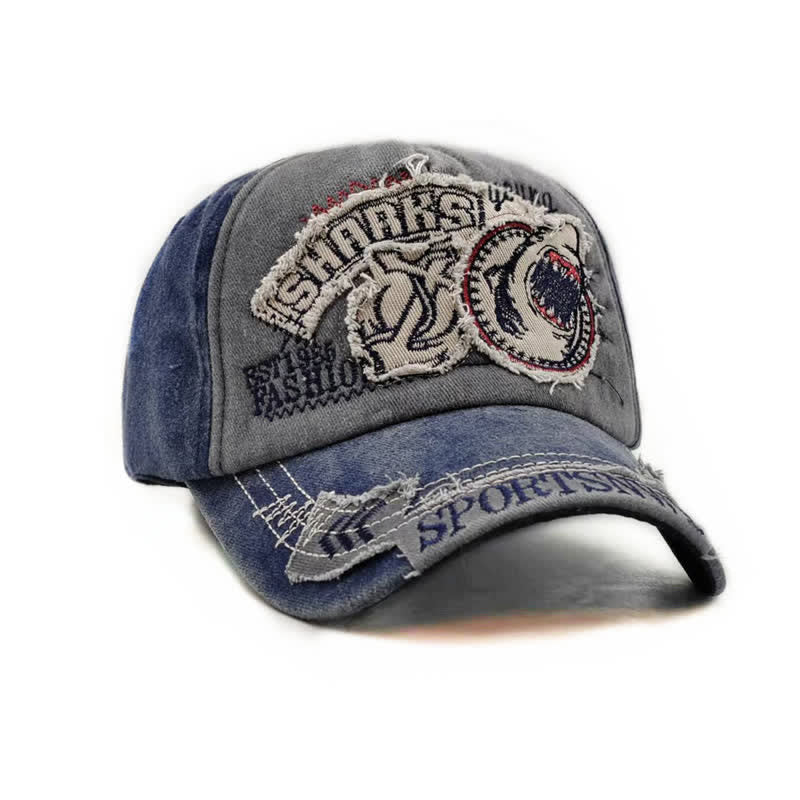 Shark Embroidered Retro Frayed Edge Washed Baseball Cap - Image 9