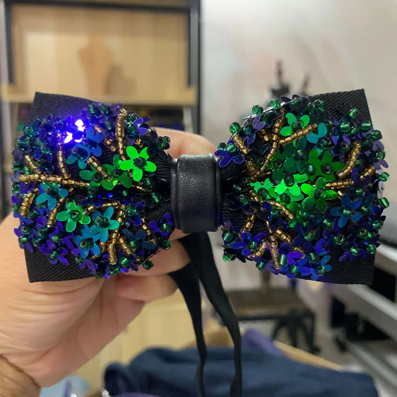 Shimmering Green & Blue Flower Shape Sequins Bow Tie - Image 4
