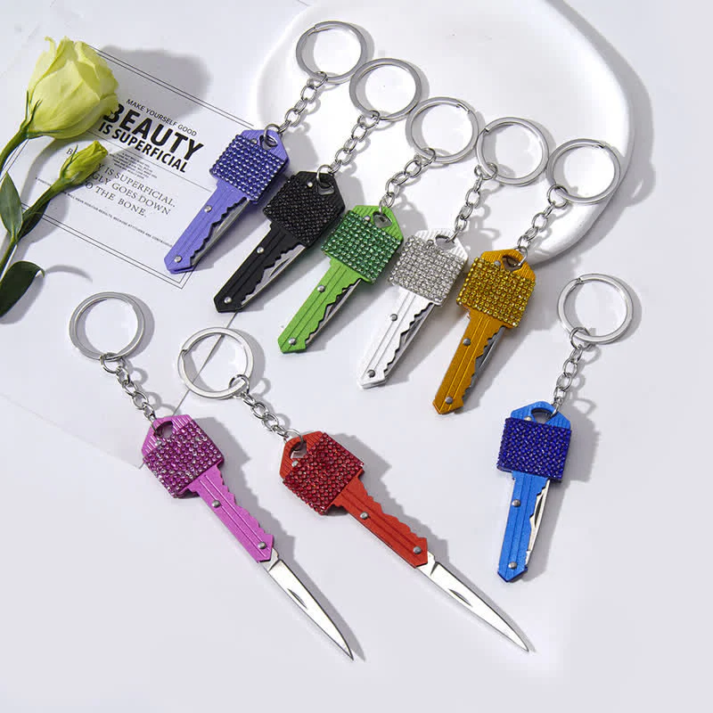 Shining Rhinestones Folding Key-Shaped Knife Keychain