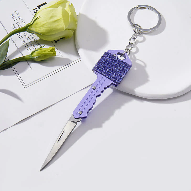 Shining Rhinestones Folding Key-Shaped Knife Keychain - Image 8