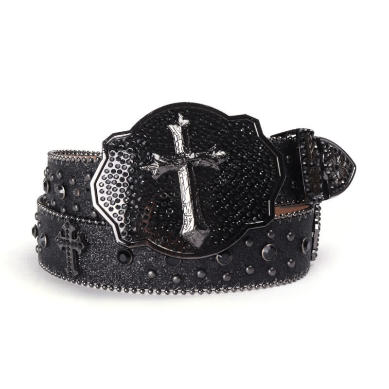 Shinning Cross Buckle Rhinestone Studded Leather Belt - Image 6