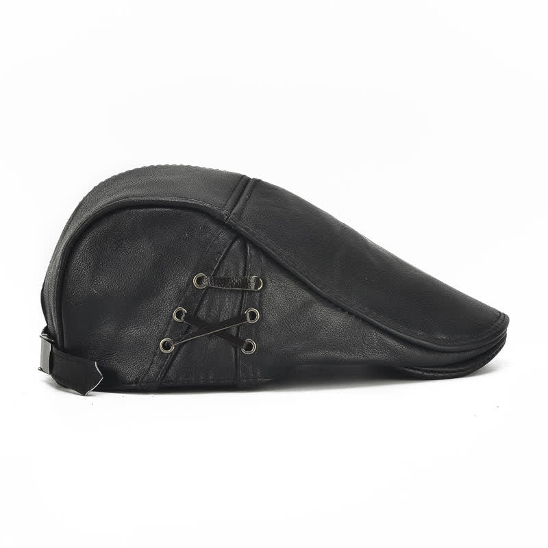 Side Lace-Up Cowhide Leather Beret Hat - Image 6